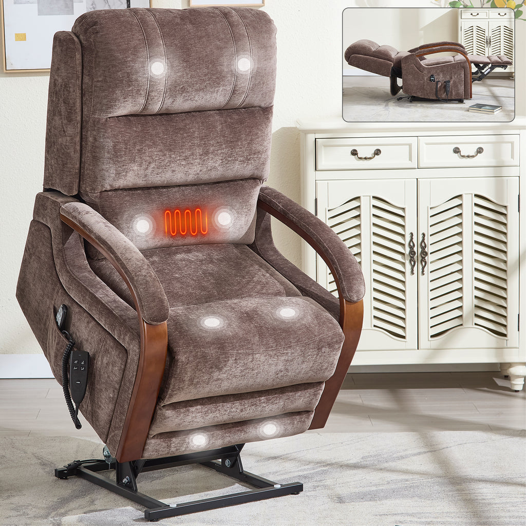 Power Brown Chenille Lift Recliner Chair Dual Motor Infinite Position Up to 350 LBS with Solid Wood Armrests, Heat Massage and Heavy Duty Motion Mechanism - Grand Goldman Shop