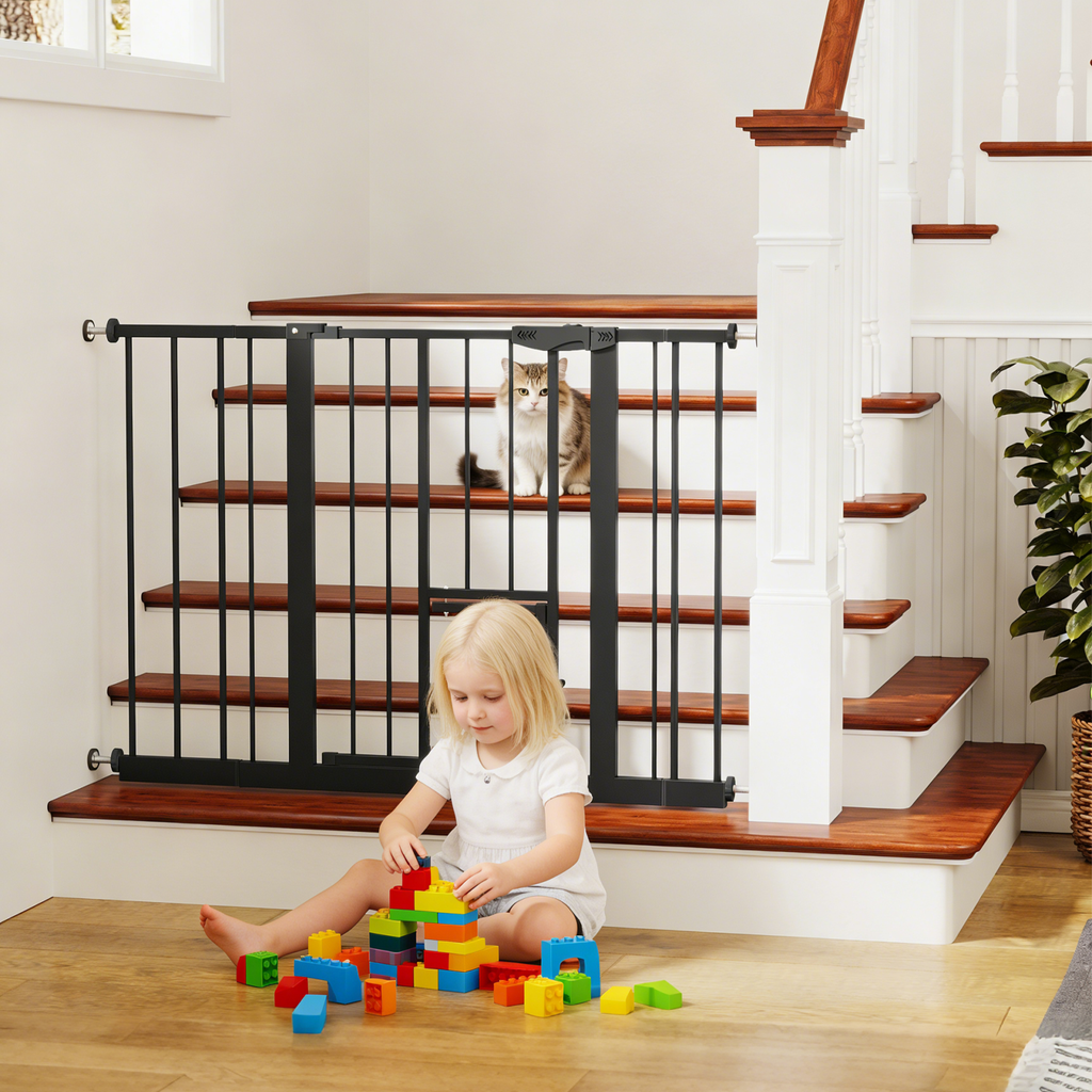 Baby Gate with Cat Door, 29.5-44.1' Metal Pet Door for Stairs & Doorways,Pressure Mounted,No Tools Needed, Black - Grand Gold