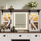 43.3' Farmhouse Makeup Vanity Desk with Lighted Mirror, Vanity Table Set with Charging Station, Dressing Table with Sliding Barn Door Hidden Shelves & 3 Drawers & 4 Cabinets, Beige - Grand Goldman Shop