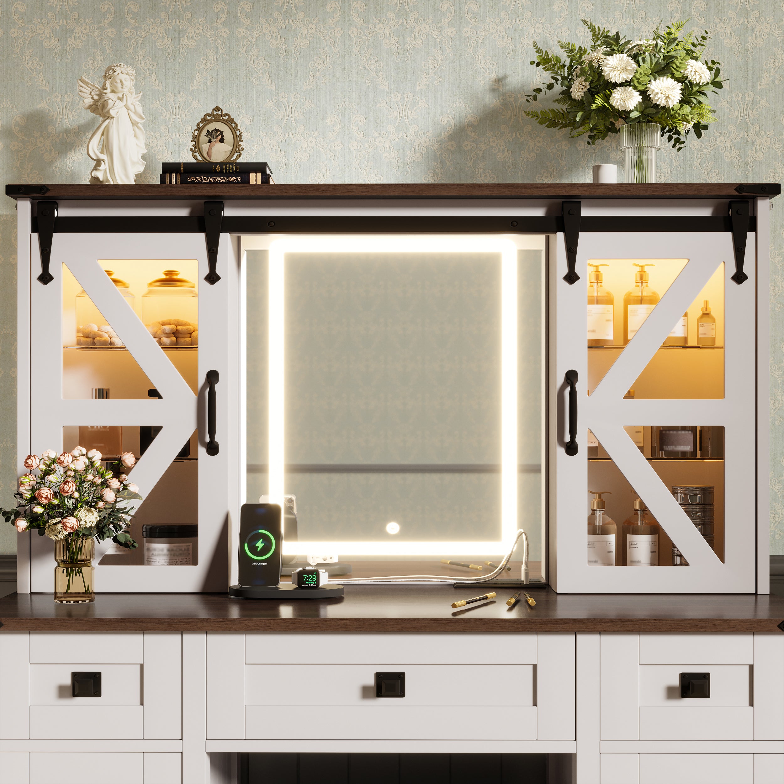 43.3' Farmhouse Makeup Vanity Desk with Lighted Mirror, Vanity Table Set with Charging Station, Dressing Table with Sliding Barn Door Hidden Shelves & 3 Drawers & 4 Cabinets, Beige - Grand Goldman Shop