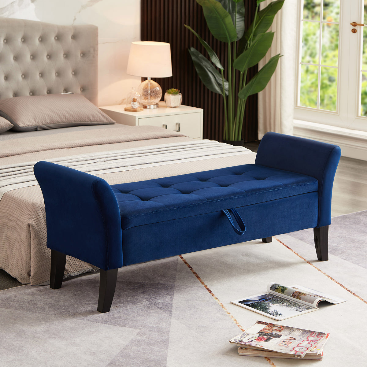 51.5' Bed Bench with Storage Navy Blue Velvet - Grand Goldman Shop