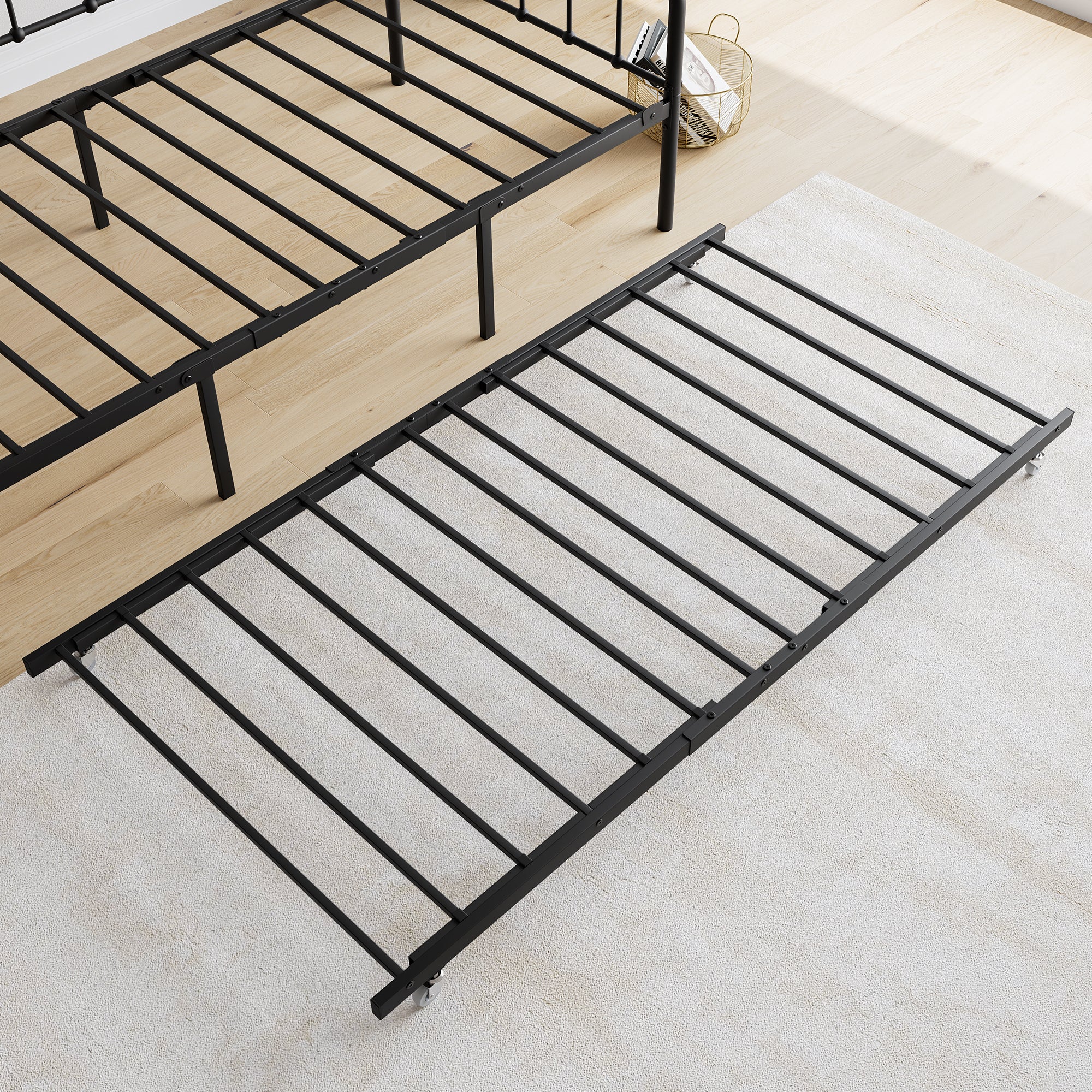 Twin Size Metal Daybed Frame with Trundle, Heavy Duty Steel Slat Support Sofa Bed Platform with Headboard, No Box Spring Needed, Black - Grand Goldman Shop