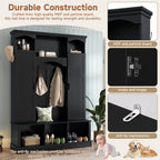 ON-TREND Modern All-in-One Hall Tree with Adjustable Shelves, Classic Arched Farmhouse Storage Bench with Dual Side Cabinets, Elegant Entryway Organizer with 7 Hooks for Mudroom, Hallway, Black - Grand Goldman Shop