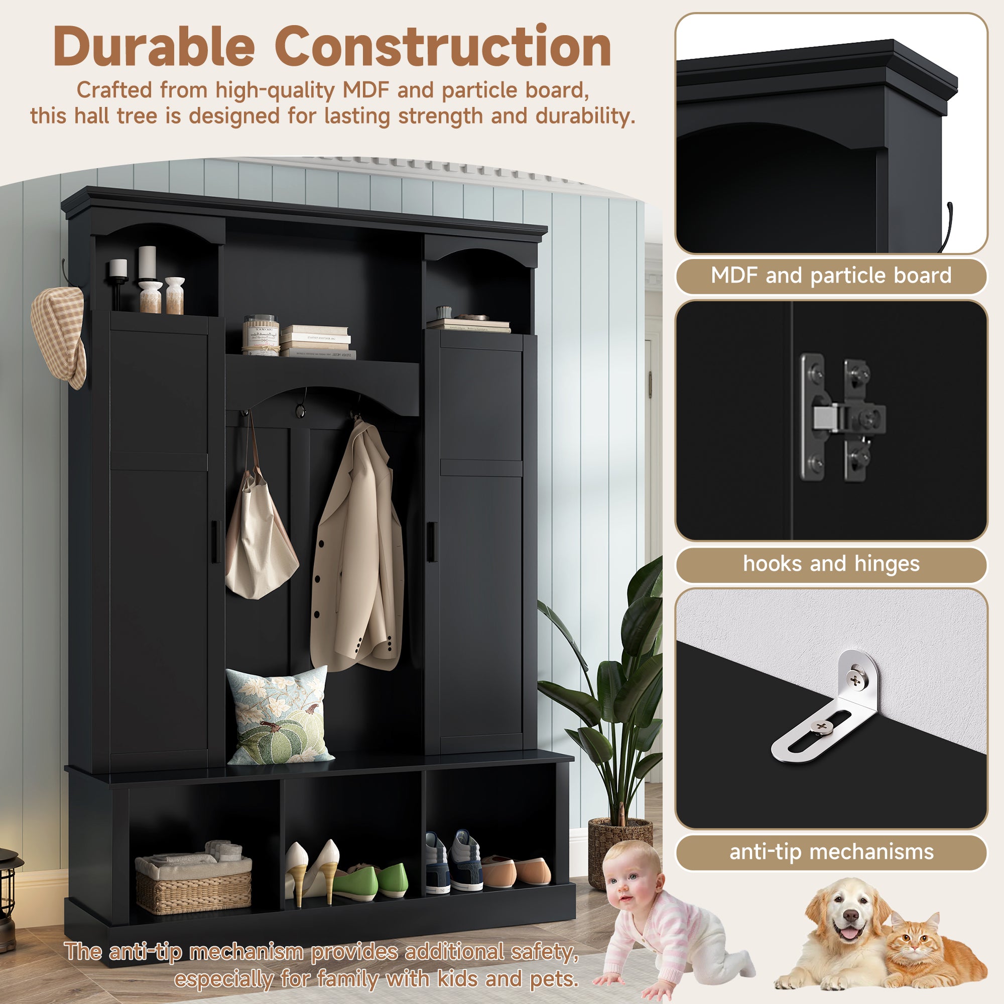 ON-TREND Modern All-in-One Hall Tree with Adjustable Shelves, Classic Arched Farmhouse Storage Bench with Dual Side Cabinets, Elegant Entryway Organizer with 7 Hooks for Mudroom, Hallway, Black - Grand Goldman Shop