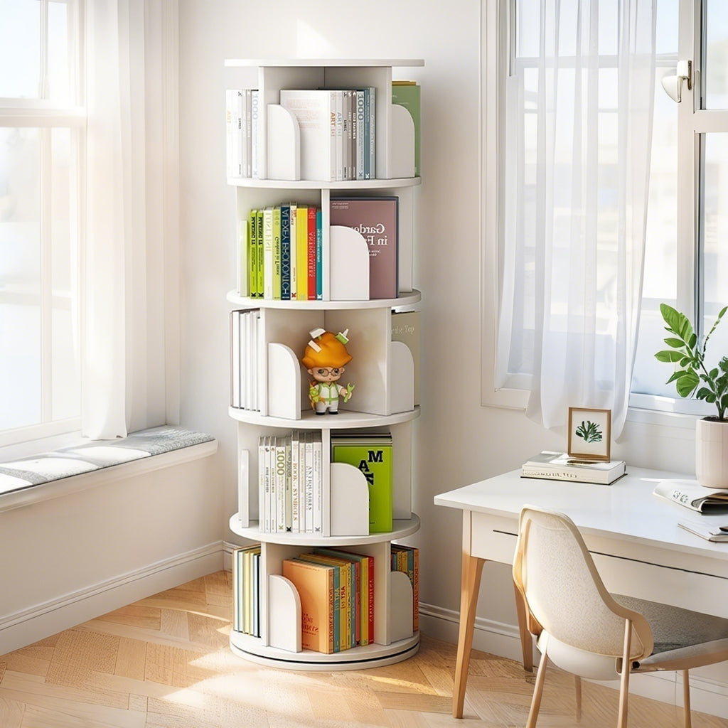 5 Tier Rotating Bookshelf, 360° Display Round Spinning Bookshelf, Space-Saving, Small Space Rotating Bookshelf Tower for Bedroom, Living Room, Home, Office, Warm White - Grand Goldman Shop