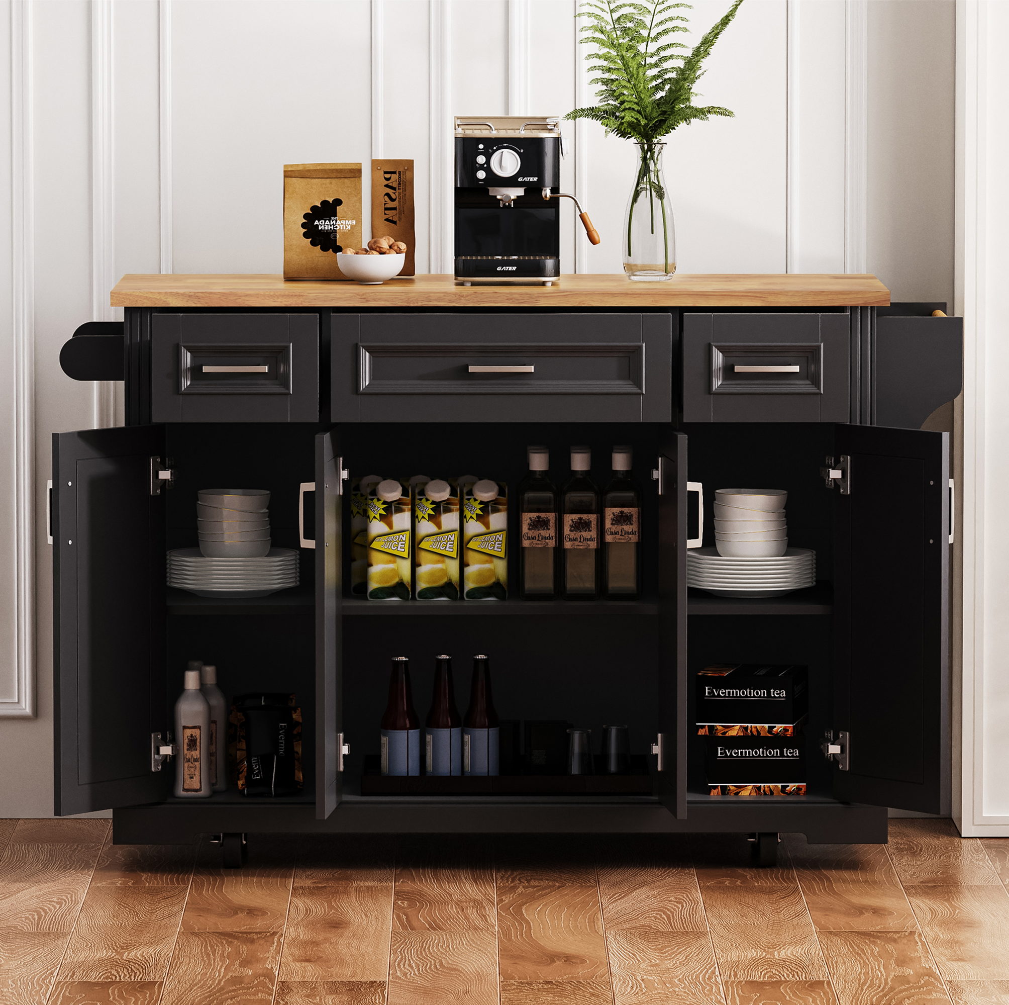 K&K 54inch Large Kitchen Island with Rubber Wood Drop Leaf, Embossed Texture Rolling Kitchen Cart on 4 Wheels with 4 Doors and 3 Drawers, Kitchen Island with Storage for Kitchen, Dining Room,Black - Grand Goldman Shop