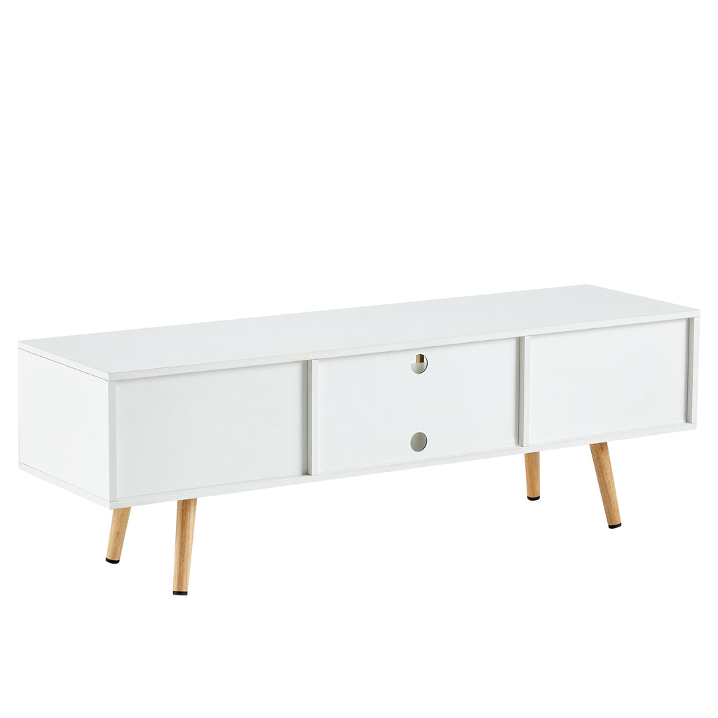 Modern Rattan TV Cabinet with Double Sliding Doors, Adjustable Shelf, Solid Wood Legs, White, 55.12 inches - Grand Goldman Shop