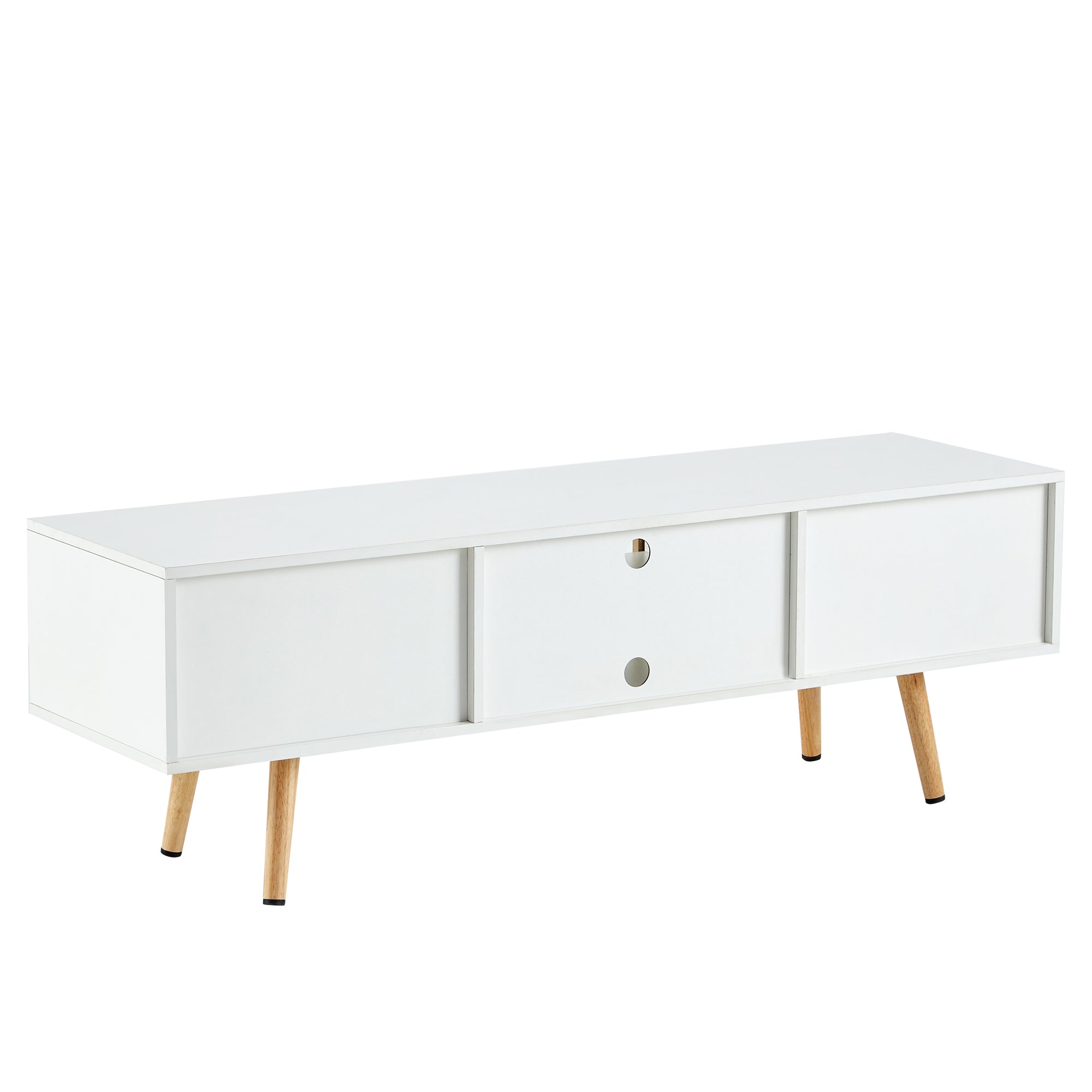 Modern Rattan TV Cabinet with Double Sliding Doors, Adjustable Shelf, Solid Wood Legs, White, 55.12 inches - Grand Goldman Shop