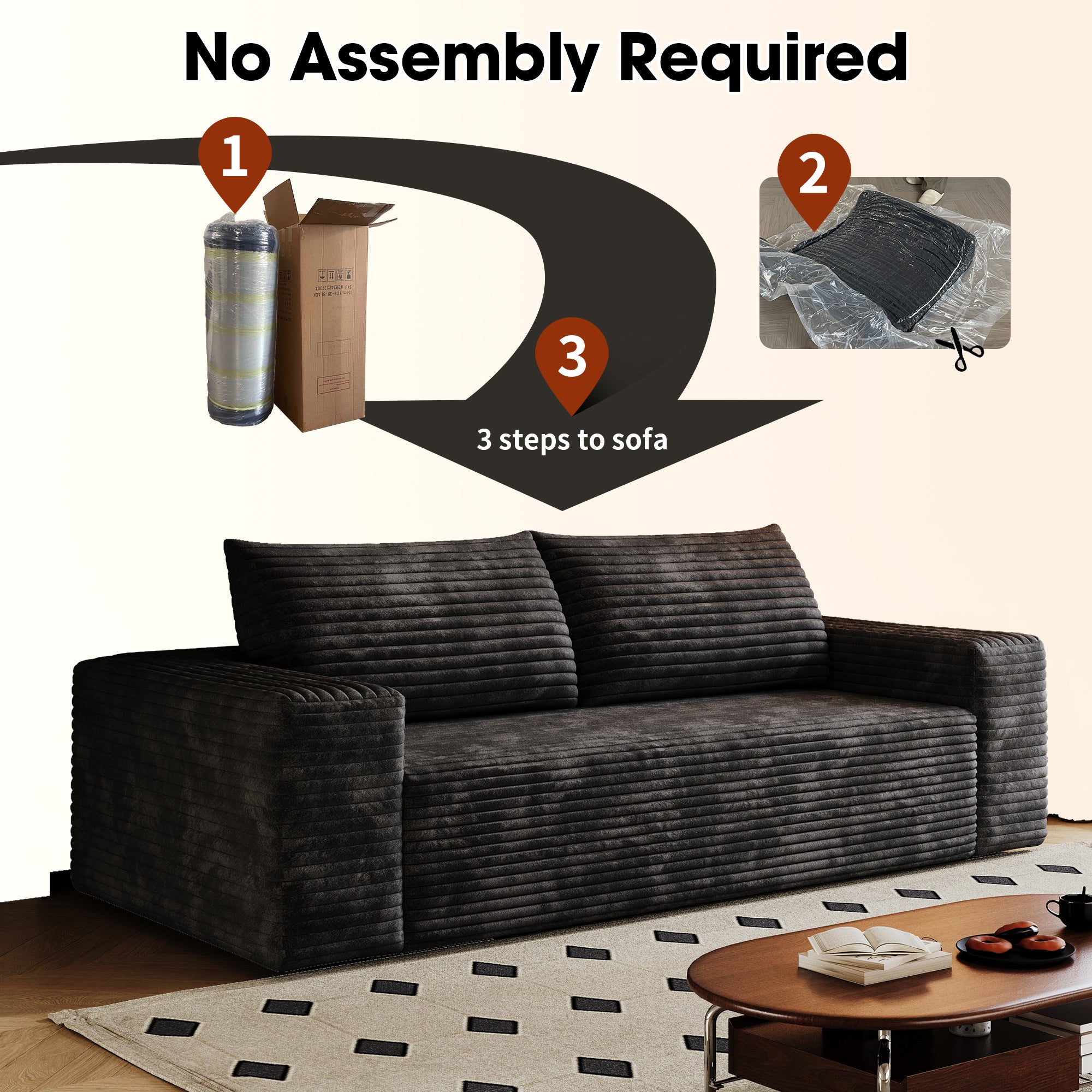 71' 3Setaser Sofa,Corduroy Fabric,Deep Seat Couches,Comfy Loveseat Sofa,No Assembly,1pcs for Living room, Bedroom,Conference room ,Apartment,Black - Grand Goldman Shop