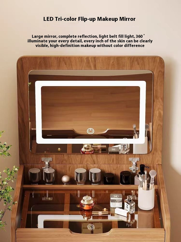 (60cm) 3 in 1 Vanity Desk with Plip Top Mirror, Small Make Up Vanity Set with Visible Glass Desktop, Compact Makeup Vanity with 3 Drawers, Dressing Table for Bedroom (Walnut Color) - Grand Goldman Shop