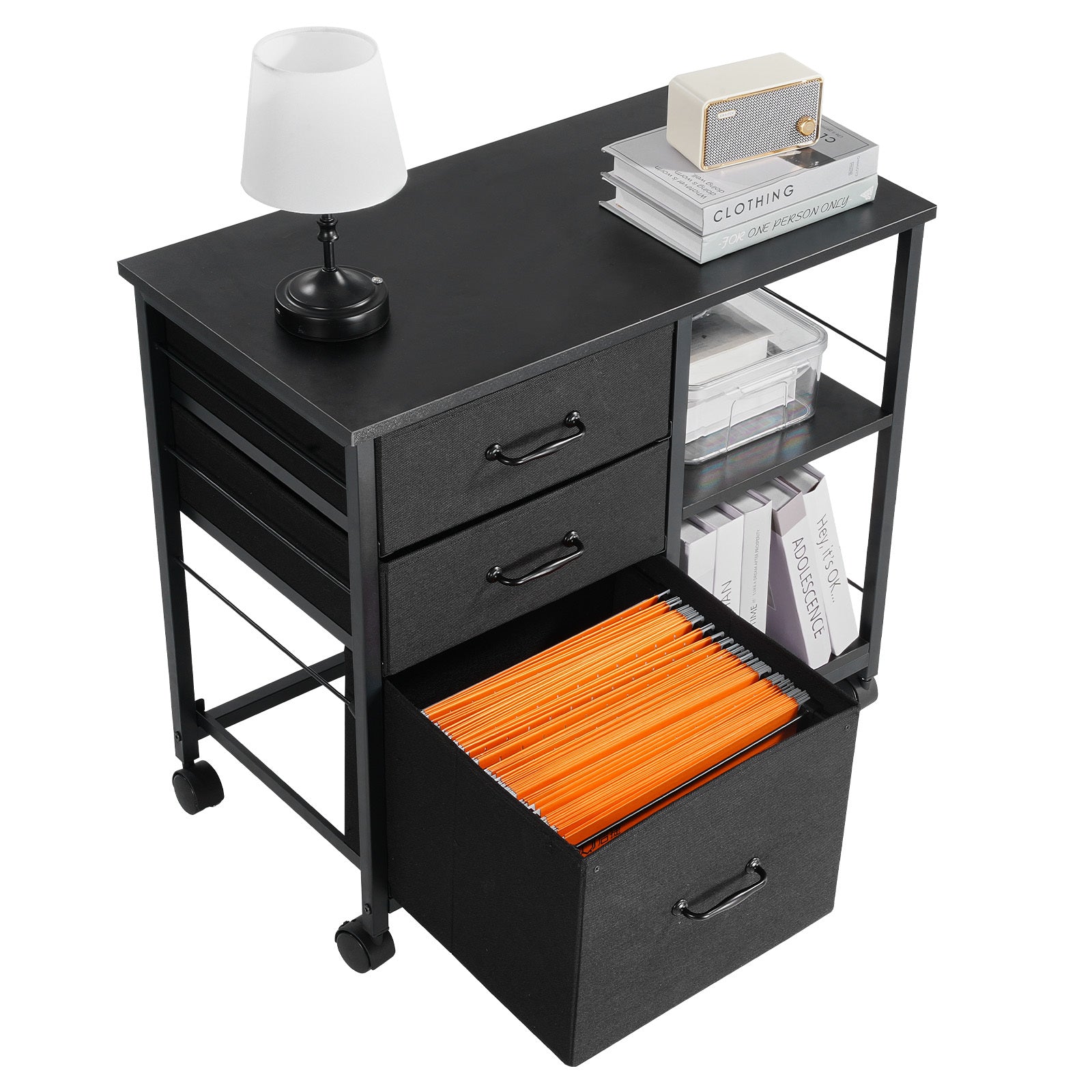 Mobile Metal File Cabinet with 3 Fabric Drawers and 2 Open Shelves Black - Grand Goldman