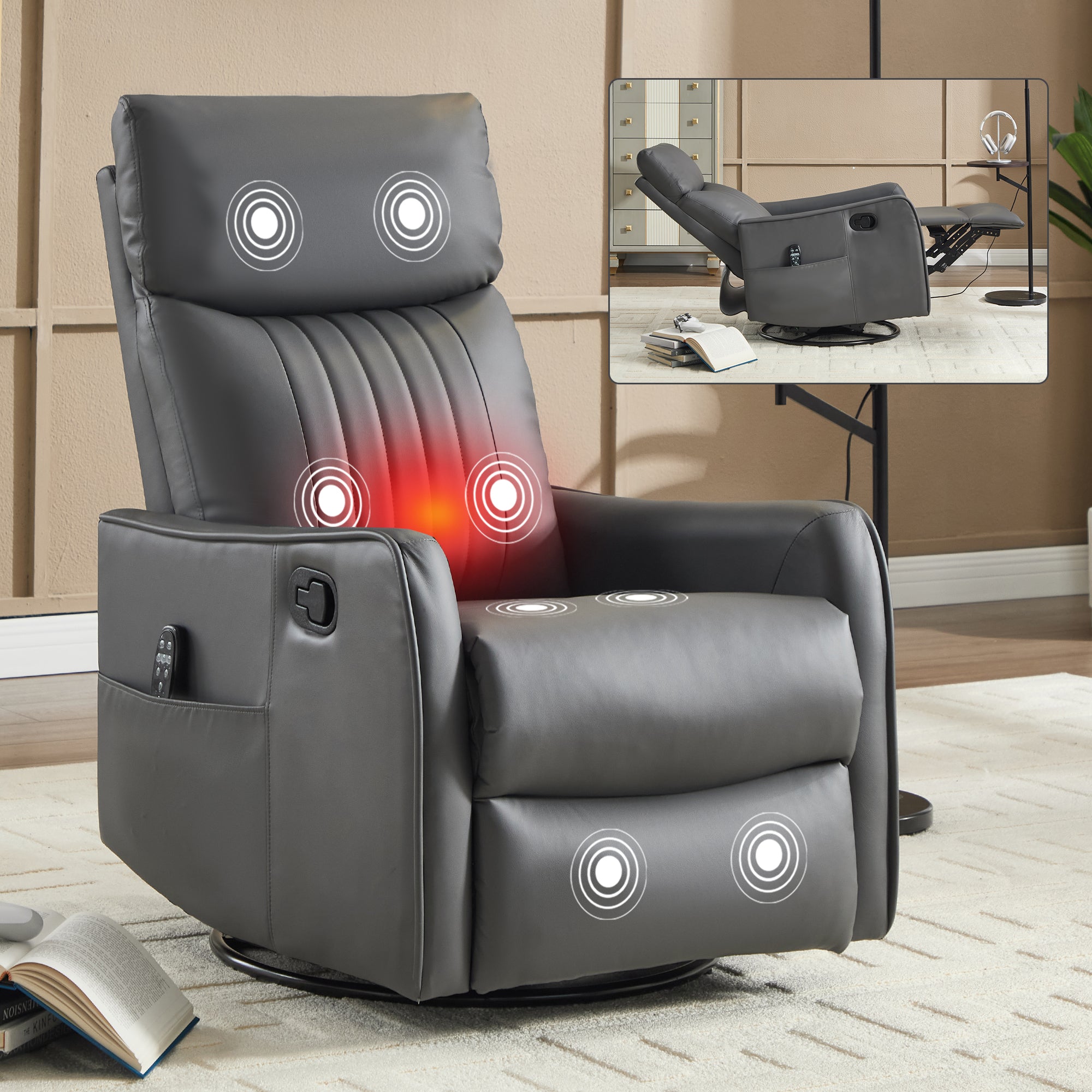 Grey Faux Leather Heat Massage Manual Recliner Chair with Rocker and Swivel for Living Room - Grand Goldman Shop