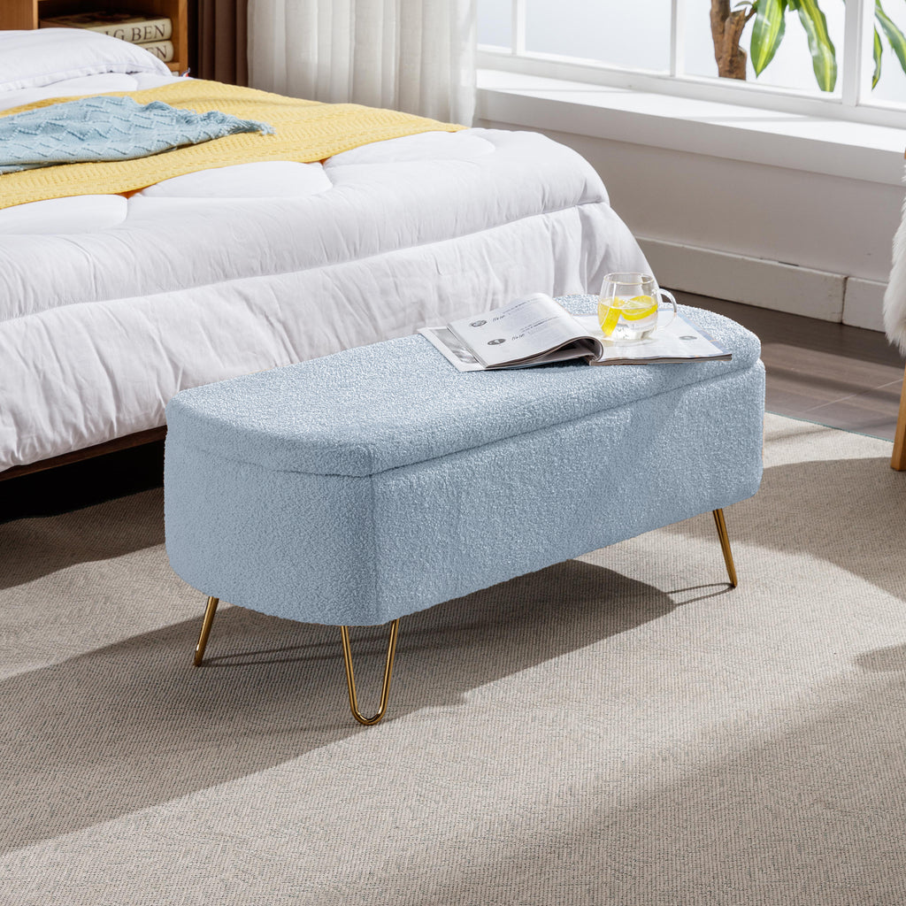 Blue Storage Ottoman Bench for End of Bed Gold Legs, Modern Grey Faux Fur Entryway Bench Upholstered Padded with Storage for Living Room Bedroom - Grand Goldman Shop