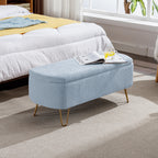 Blue Storage Ottoman Bench for End of Bed Gold Legs, Modern Grey Faux Fur Entryway Bench Upholstered Padded with Storage for Living Room Bedroom - Grand Goldman Shop