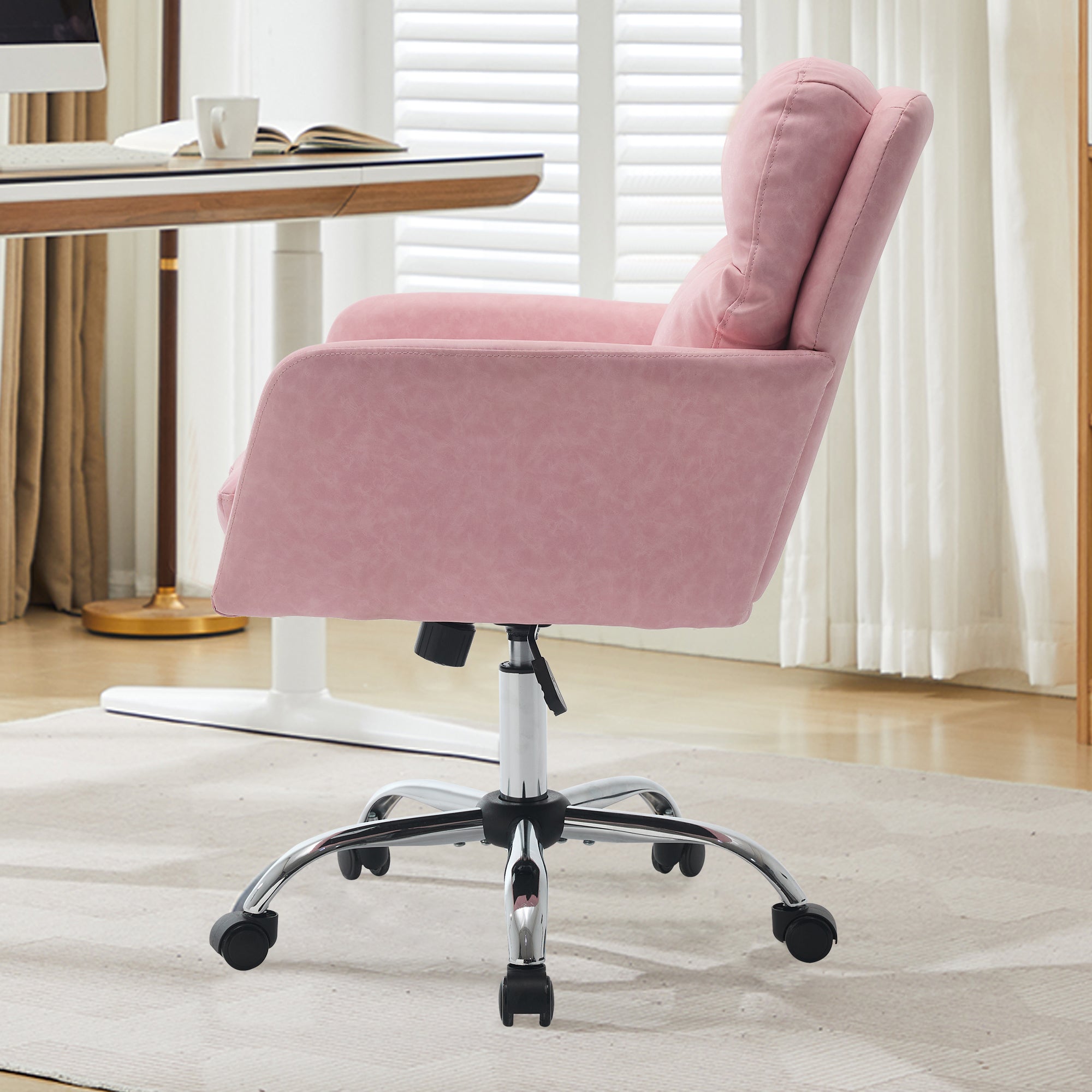 Pink PU Leather Office Chair with Adjustable Height, Black Base, Ergonomic Design for Office, Bedroom, and Dressing Table - G