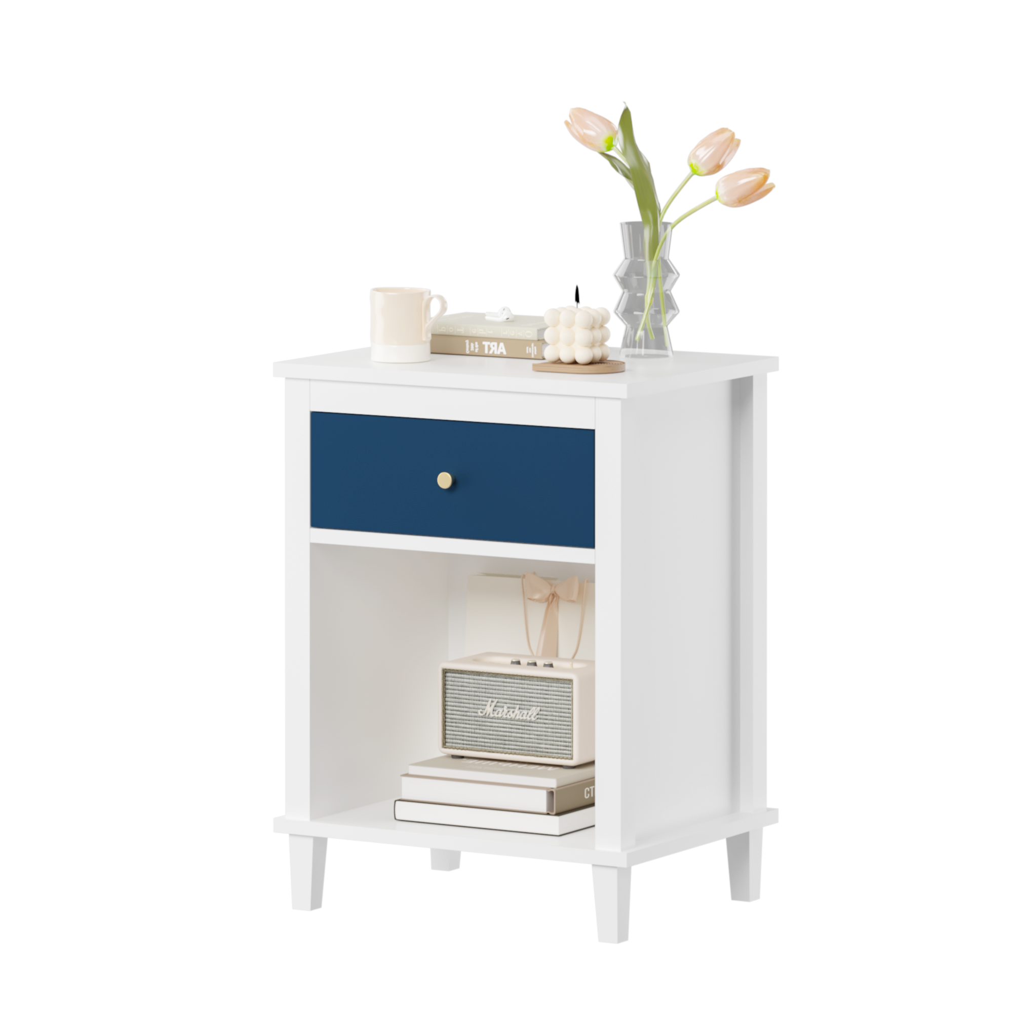 Navy+Golden Handle Wooden Nightstand with One Drawer One Shelf for Kids and Adults, White+Navy Finish, MDF Material, 26.77''H - Grand Goldman Shop