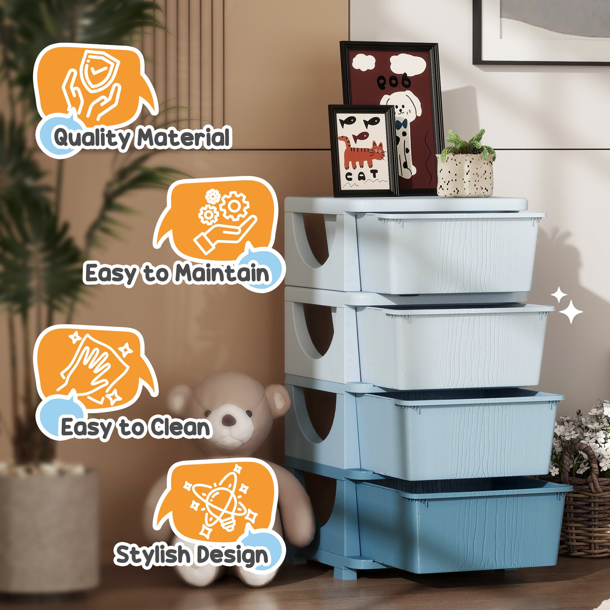 Qaba 4 Tier Kids Storage Unit, 4 Drawer Chest Toy Organizer Plastic Bins for Kids Bedroom Nursery Kindergarten Living Room fo