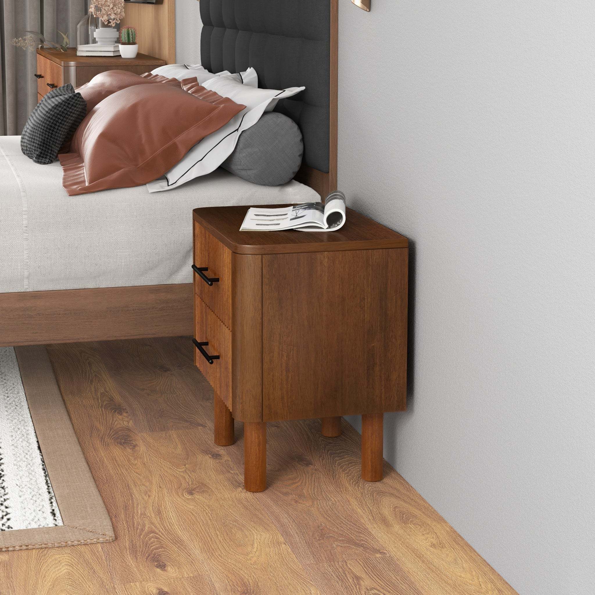 Logan Mid Century Modern Walnut Nightstand with 2 Drawers, Solid Wood, 24x 22x15 inches Drawers and Storage Shelf for Bedrooms, Small Spaces, Bedside Table - Grand Goldman Shop