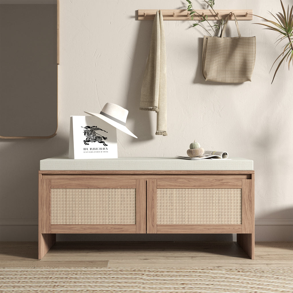 Mid-Century Modern PP Rattan Storage Bench with Cushion, Faux Rattan Shoe Cabinet with 2 Doors, Natural Finish, Wood and Rattan Construction, 39.4 x 15.75 x 17.72 inches - Grand Goldman Shop
