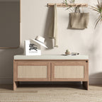 Mid-Century Modern PP Rattan Storage Bench with Cushion, Faux Rattan Shoe Cabinet with 2 Doors, Natural Finish, Wood and Rattan Construction, 39.4 x 15.75 x 17.72 inches - Grand Goldman Shop