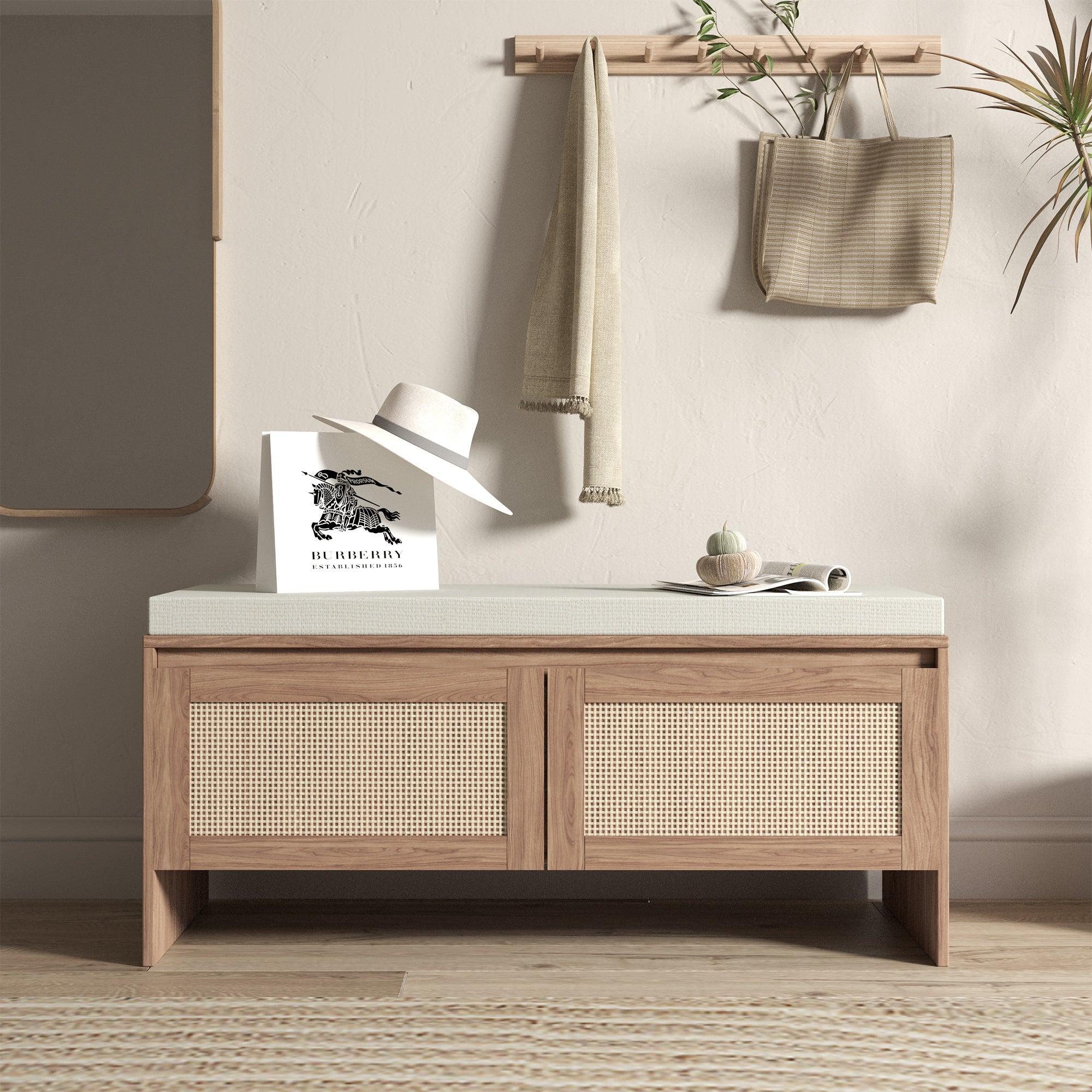 Mid-Century Modern PP Rattan Storage Bench with Cushion, Faux Rattan Shoe Cabinet with 2 Doors, Natural Finish, Wood and Rattan Construction, 39.4 x 15.75 x 17.72 inches - Grand Goldman Shop