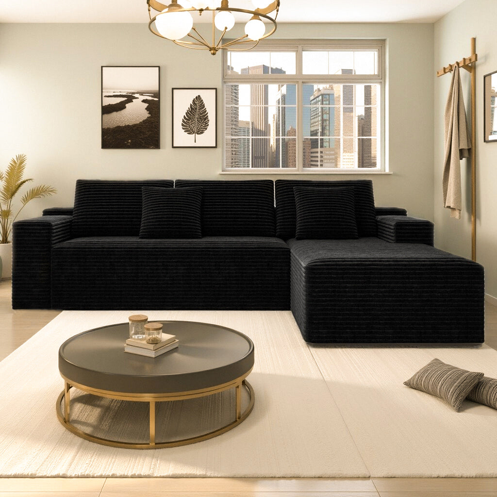 104.3*68.9'Modular sectional sofa seat,Upholstered compressed couch for living room,Bedroom,Apartment,No assembly required,2PC free combination,Plush corduroy fabric,BLACK - Grand Goldman Shop
