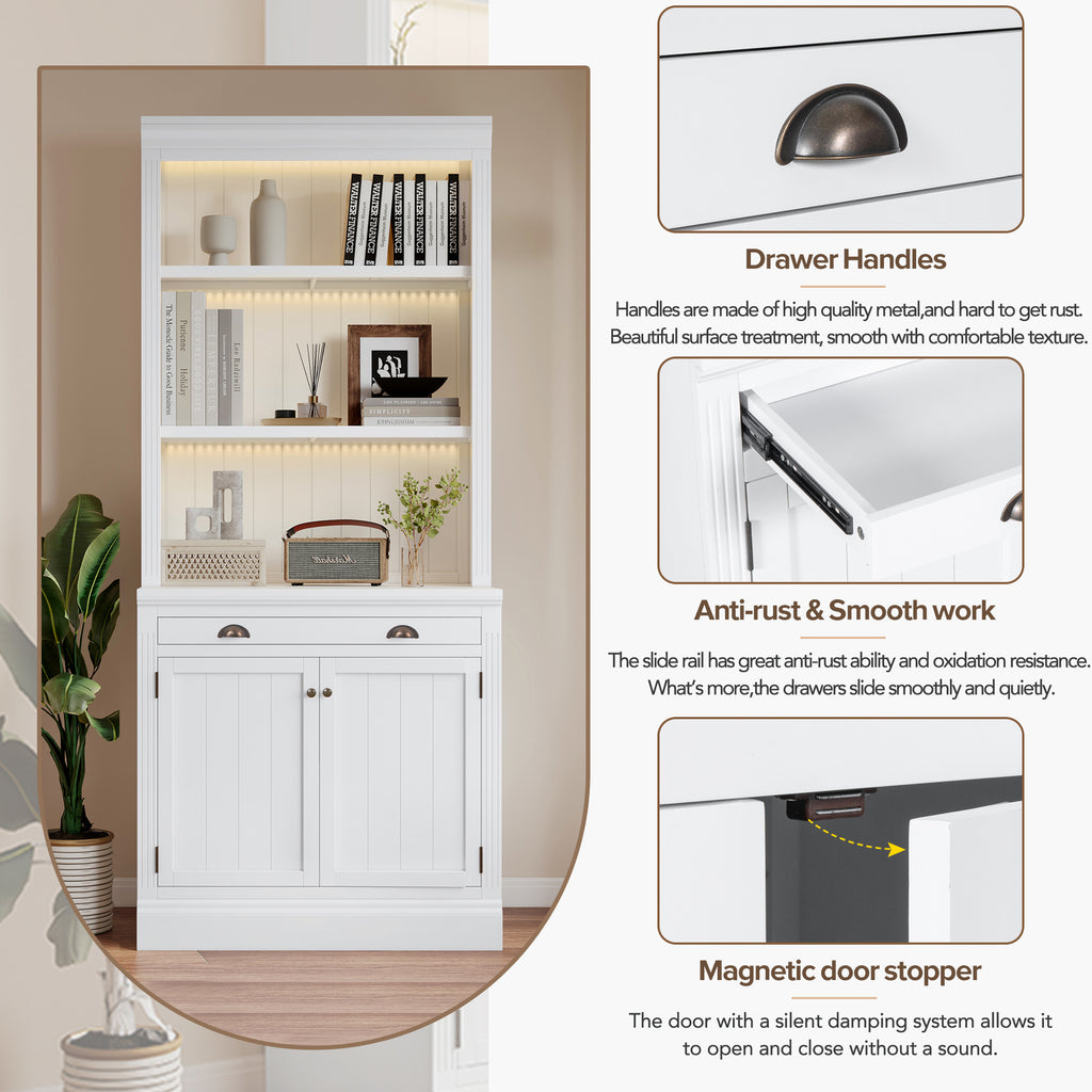 83.4'Tall Bookshelf with 3 pieces LED Lighting, Modern Bookcase with 2 Doors and 1 Drawer,Storage Bookcase with Open Shelves for Living Room,Home Office,White - Grand Goldman Shop