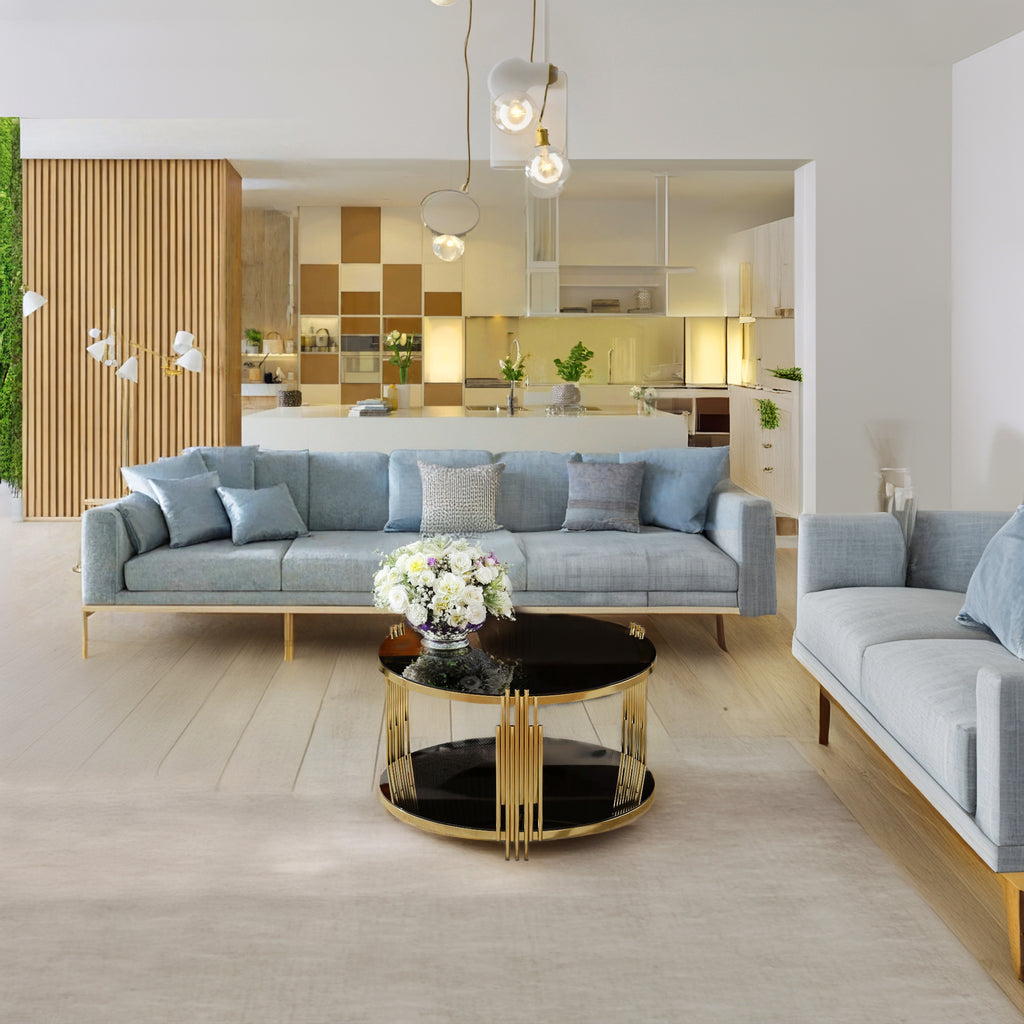 Modern Black Mirror Coffee Table, Asymmetrical Metal, Circular Metal Drum Base, Gold Finish & Lower Shelf - Grand Goldman Shop