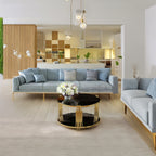 Modern Black Mirror Coffee Table, Asymmetrical Metal, Circular Metal Drum Base, Gold Finish & Lower Shelf - Grand Goldman Shop