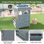 K&K 40.5' Outdoor Grill Cart with Stainless Steel Top, Solid Wood Outdoor Storage Cabinet with Drop Leaf, One Drawer, Towel Rack, Rolling Kitchen Cart with Lockable Wheels for Lawn Garden, Blue Grey - Grand Goldman Shop