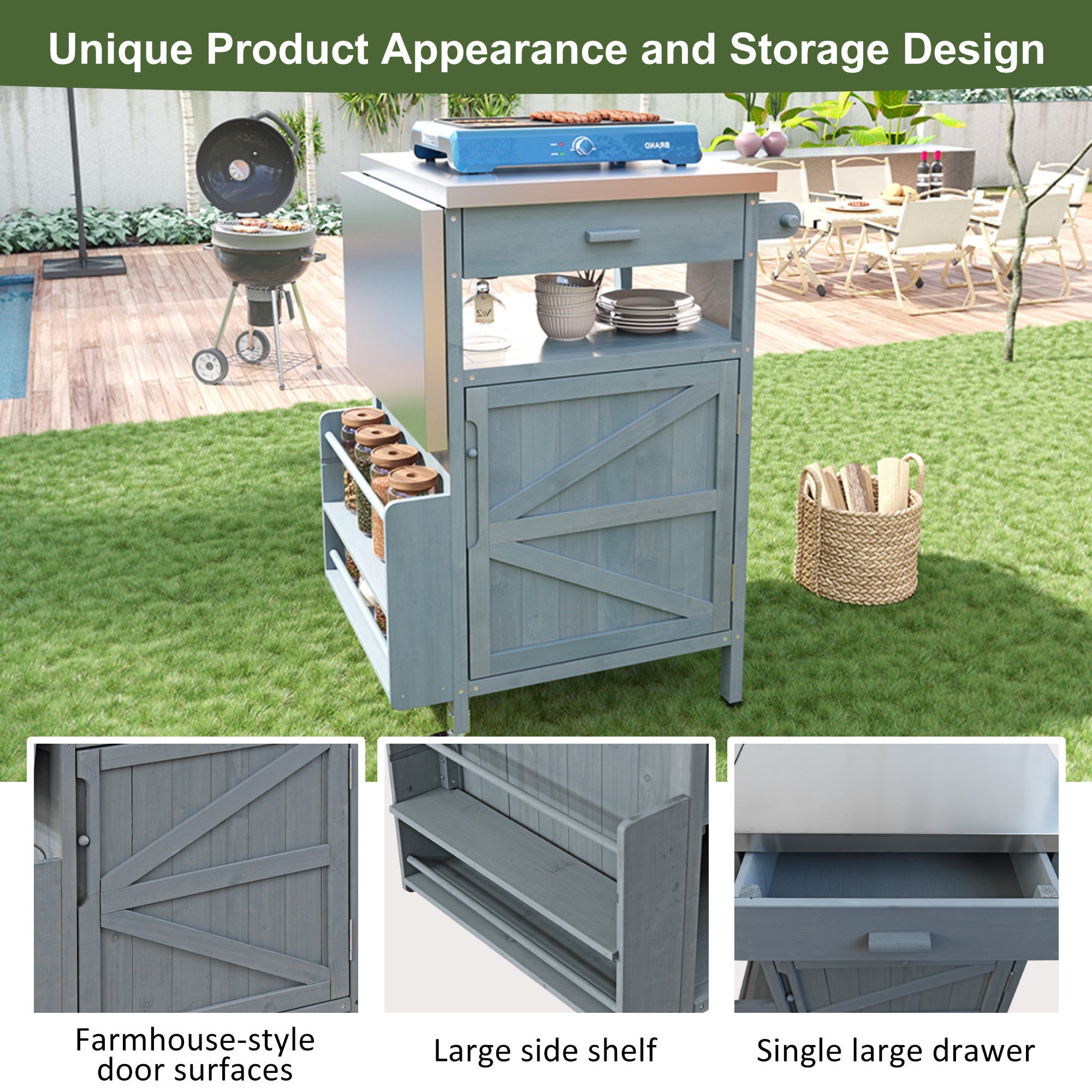 K&K 40.5' Outdoor Grill Cart with Stainless Steel Top, Solid Wood Outdoor Storage Cabinet with Drop Leaf, One Drawer, Towel Rack, Rolling Kitchen Cart with Lockable Wheels for Lawn Garden, Blue Grey - Grand Goldman Shop