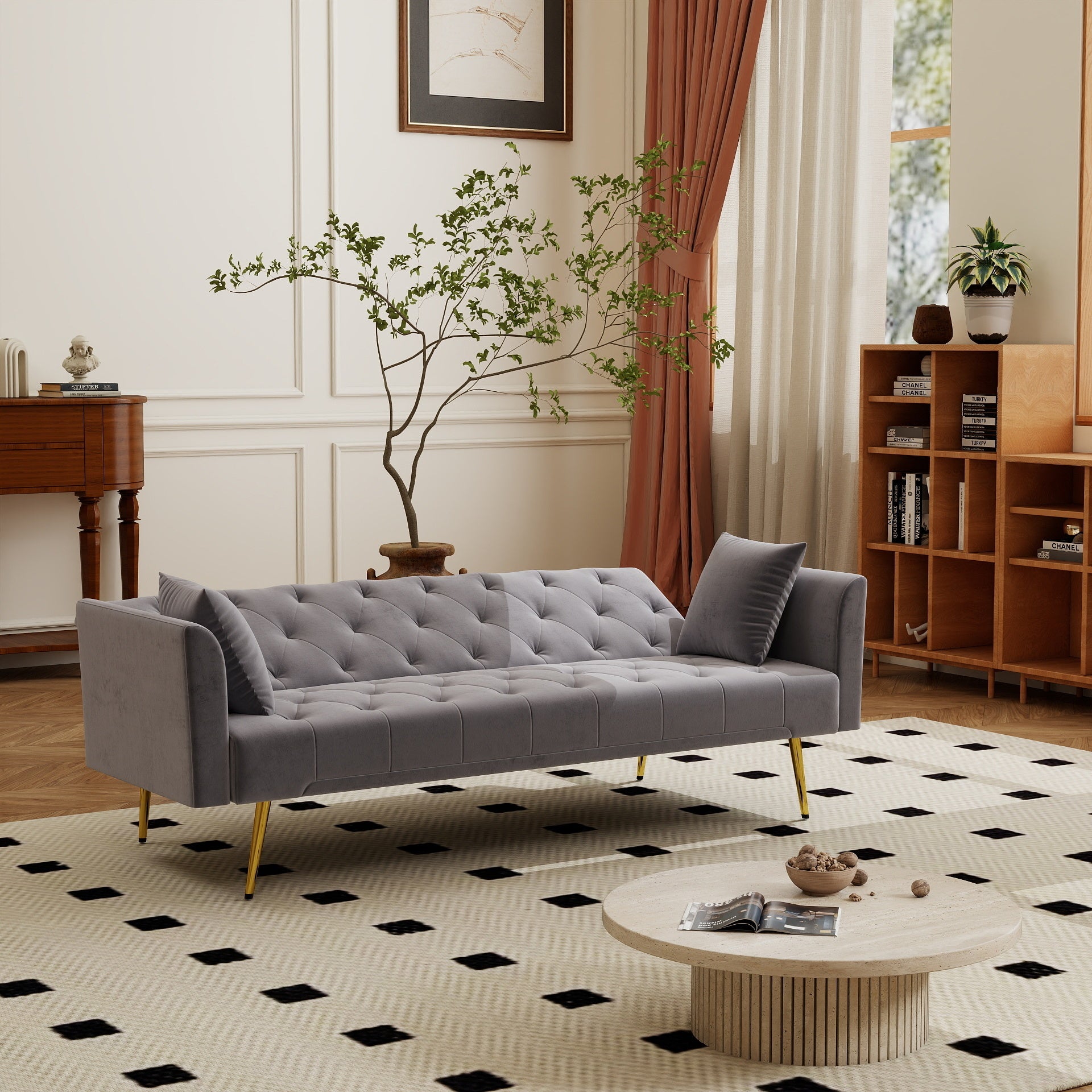 Modern convertible 72 inch foldable sleeper sofa with tufted, American retro style, made of gray velvet material, suitable for small living rooms, bedrooms and offices. gray color - Grand Goldman Shop