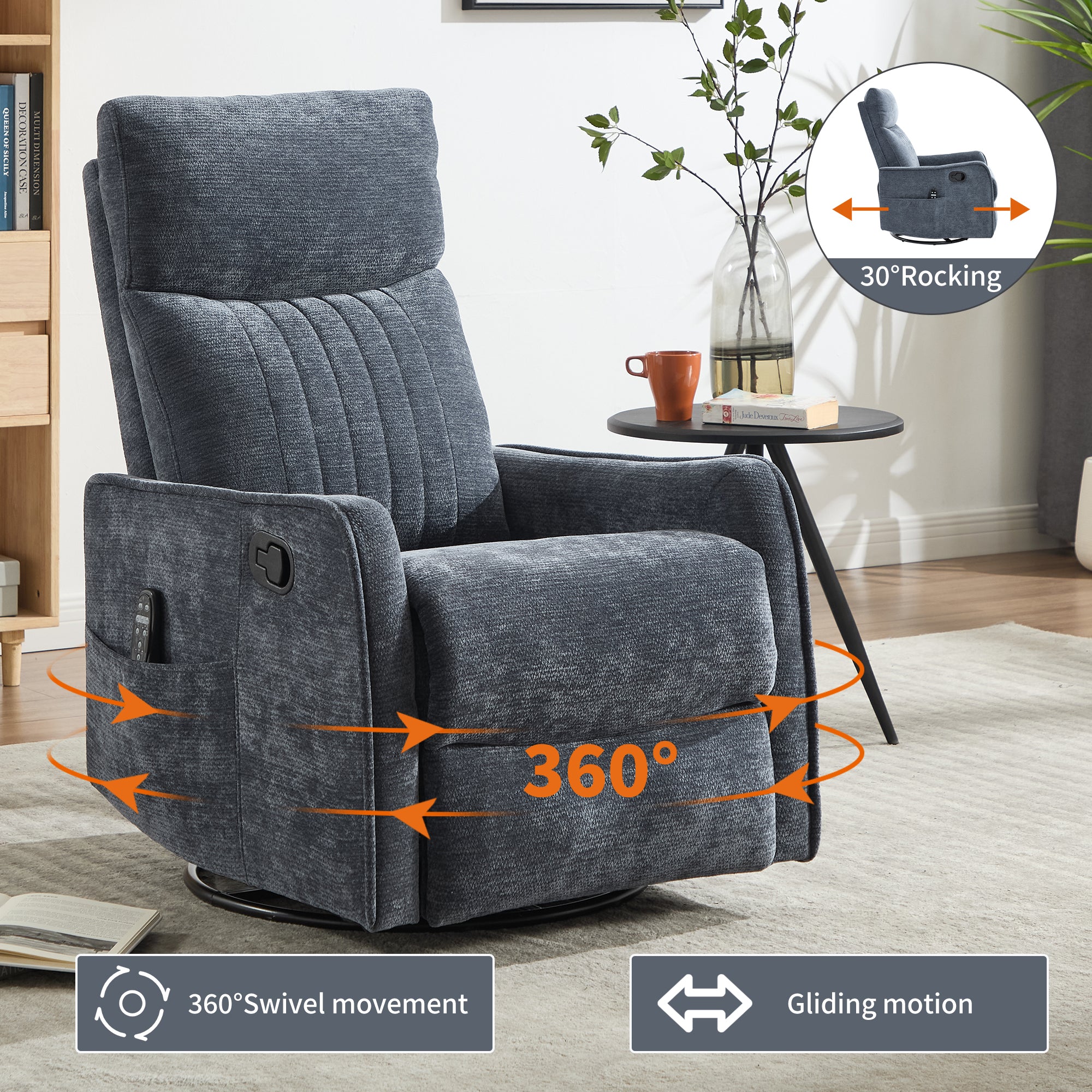 Blue Heat Massage Manual Recliner Chair with Rocker and Swivel in Fabric for Living Room - Grand Goldman Shop