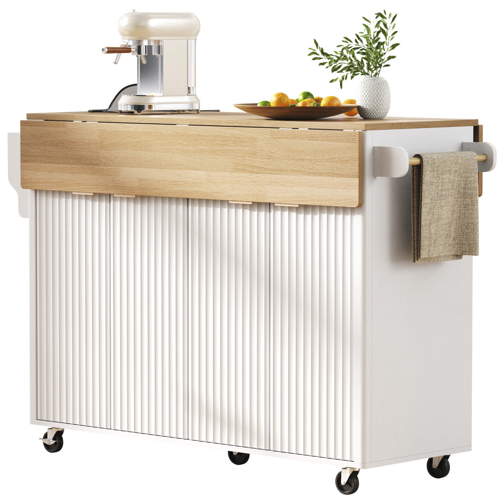 K&K 55.5' Fluted Kitchen Island with 2 Drop Leaf, Kitchen Storage Cart with Power Outlet, 4 Doors, Spice rack, Rolling Island Table with Wood-grain Top, Curved Edge for Kitchen, Dining Room,White - Grand Goldman Shop