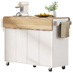 K&K 55.5' Fluted Kitchen Island with 2 Drop Leaf, Kitchen Storage Cart with Power Outlet, 4 Doors, Spice rack, Rolling Island Table with Wood-grain Top, Curved Edge for Kitchen, Dining Room,White - Grand Goldman Shop