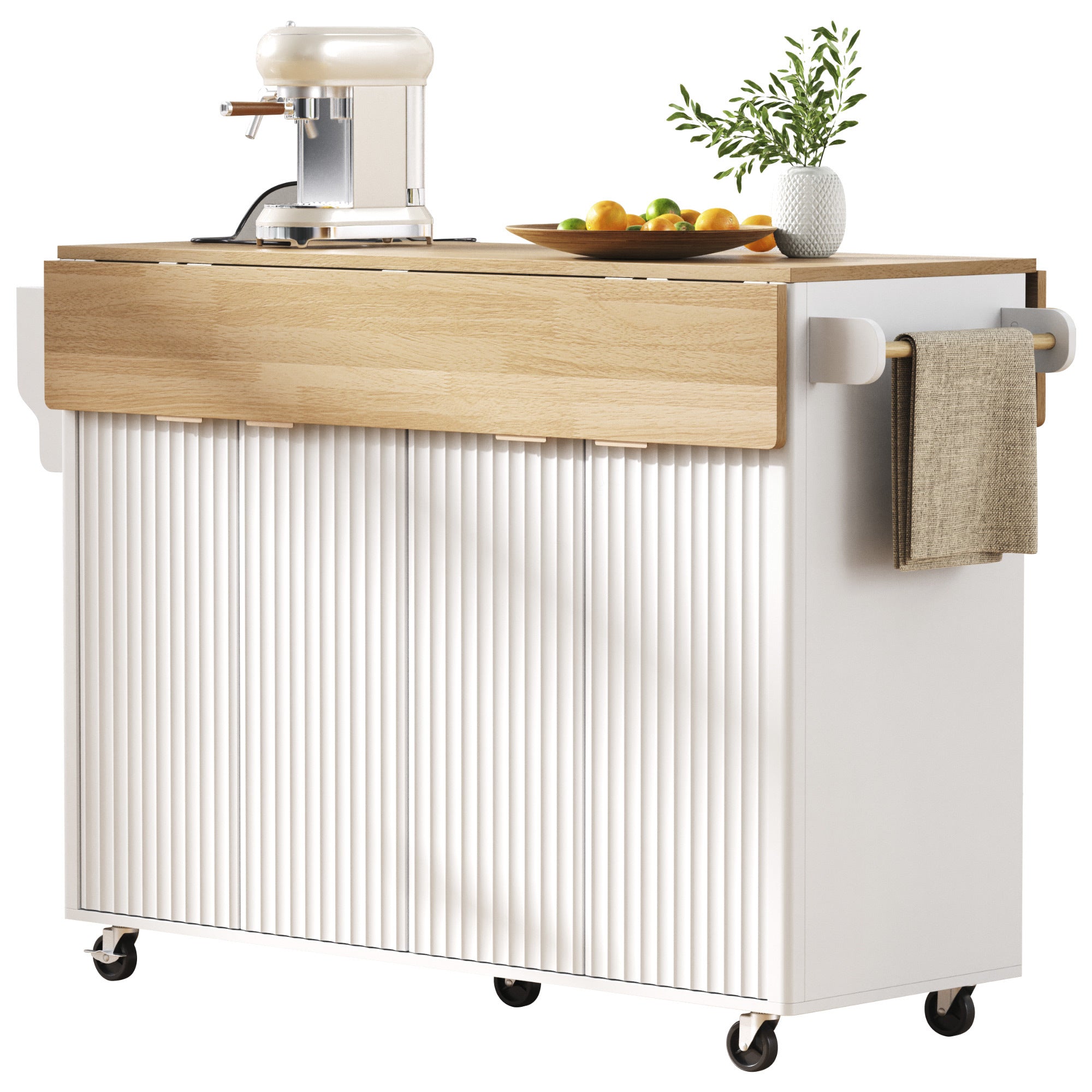 K&K 55.5' Fluted Kitchen Island with 2 Drop Leaf, Kitchen Storage Cart with Power Outlet, 4 Doors, Spice rack, Rolling Island Table with Wood-grain Top, Curved Edge for Kitchen, Dining Room,White - Grand Goldman Shop