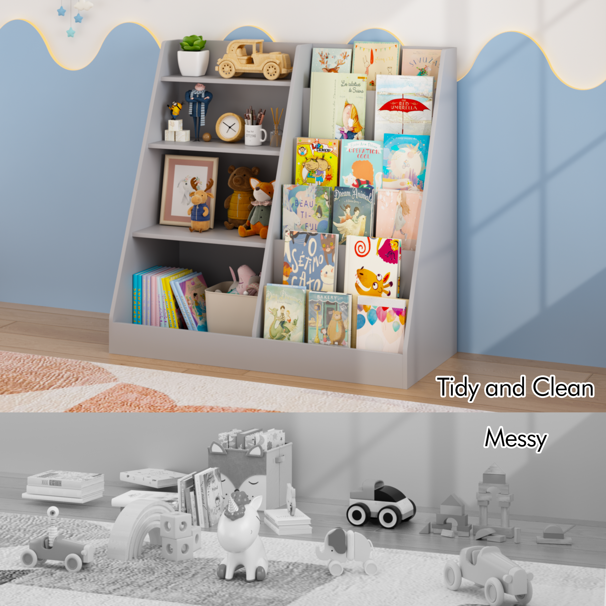 Kids Bookshelf and Toy Storage Organizer, Multifunctional 4 Tier Wooden Kids Book Shelf with  Bookcase Display Stand in Kids 