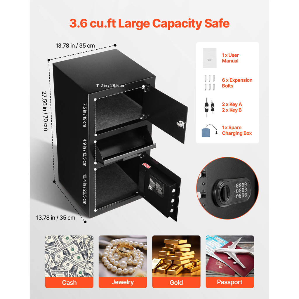 3.6 Cubic Feet Drop Safe, Large Capacity Front Drop Slot Safe Box with Digital Keypad, Heavy Duty 3 Tiers Cash Depository Box