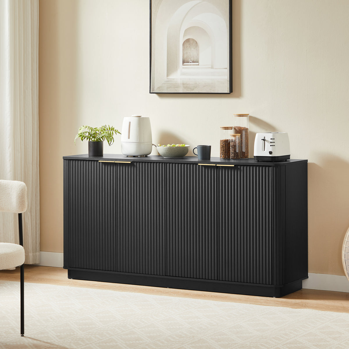 63' Vertical Stripe Buffet Cabinet Sideboard with stoarge, Curved wave Design, TV Stand, for Bedroom, Living Room, Hallway, Black,63''W x 15.75''D x 31.5''H. - Grand Goldman Shop