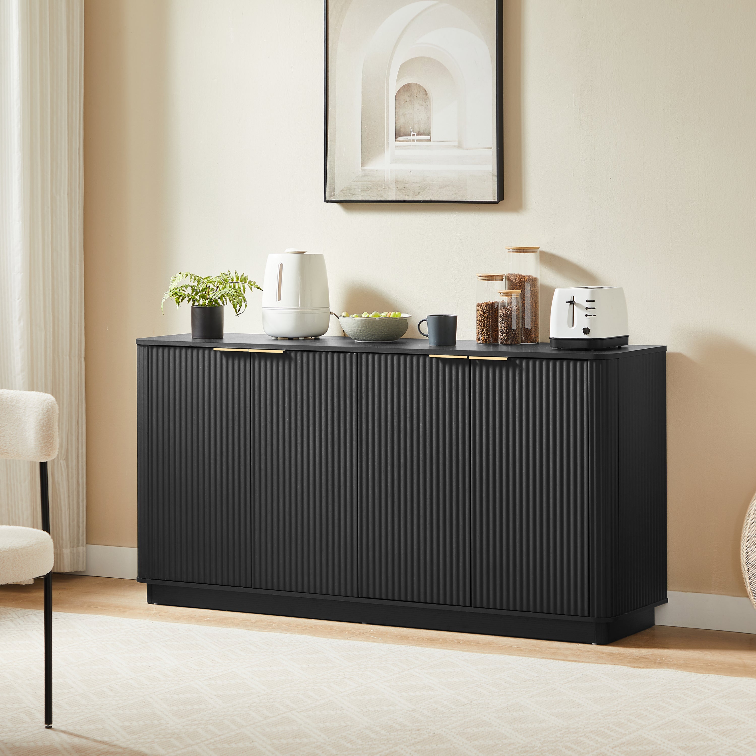 63' Vertical Stripe Buffet Cabinet Sideboard with stoarge, Curved wave Design, TV Stand, for Bedroom, Living Room, Hallway, Black,63''W x 15.75''D x 31.5''H. - Grand Goldman Shop