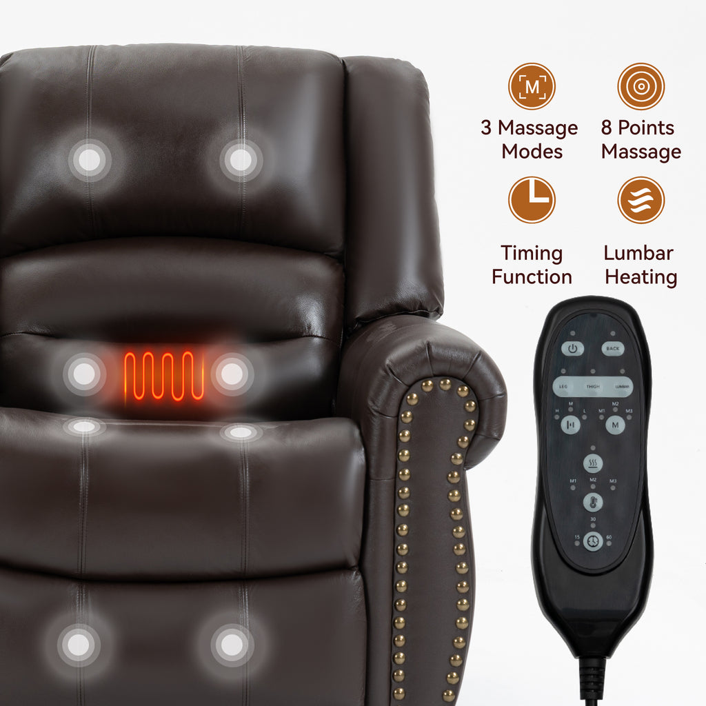 Power Lift Recliner Chair Heat Massage Dual Motor Infinite Position Up to 350 LBS, Genuine Leather, Heavy Duty Motion Mechanism with USB Ports, Brown - Grand Goldman Shop