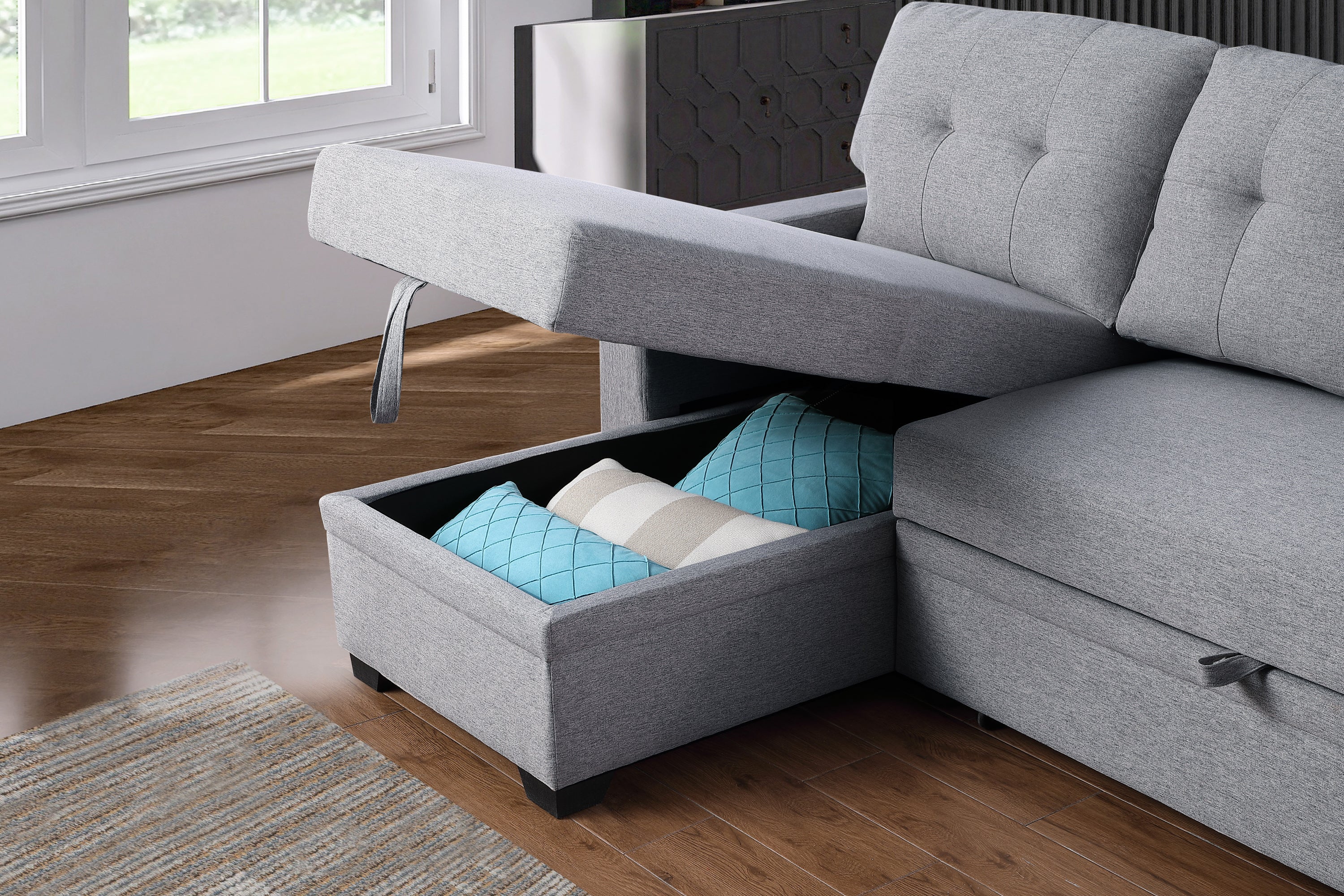 Upholstered Pull out Sectional Sofa with Chaise - Grand Goldman Shop