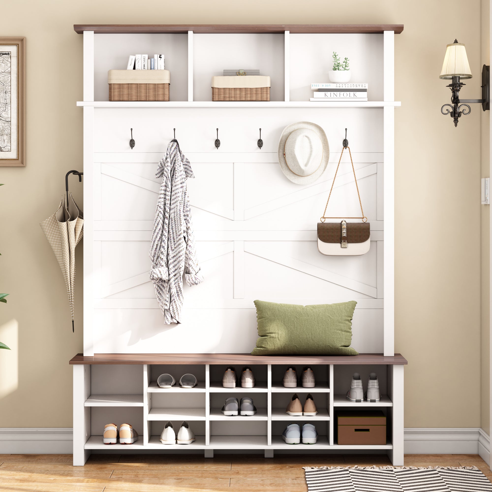 Farmhouse 4-in-1 Hall Tree with 6 Hooks, Walnut Entryway Bench with Shelves,  Wooden Style Rustic Shoe Organizer with 16 Open Compartments for Mudroom, Living Room, White (OLD SKU: N721P264915K) - Grand Goldman Shop