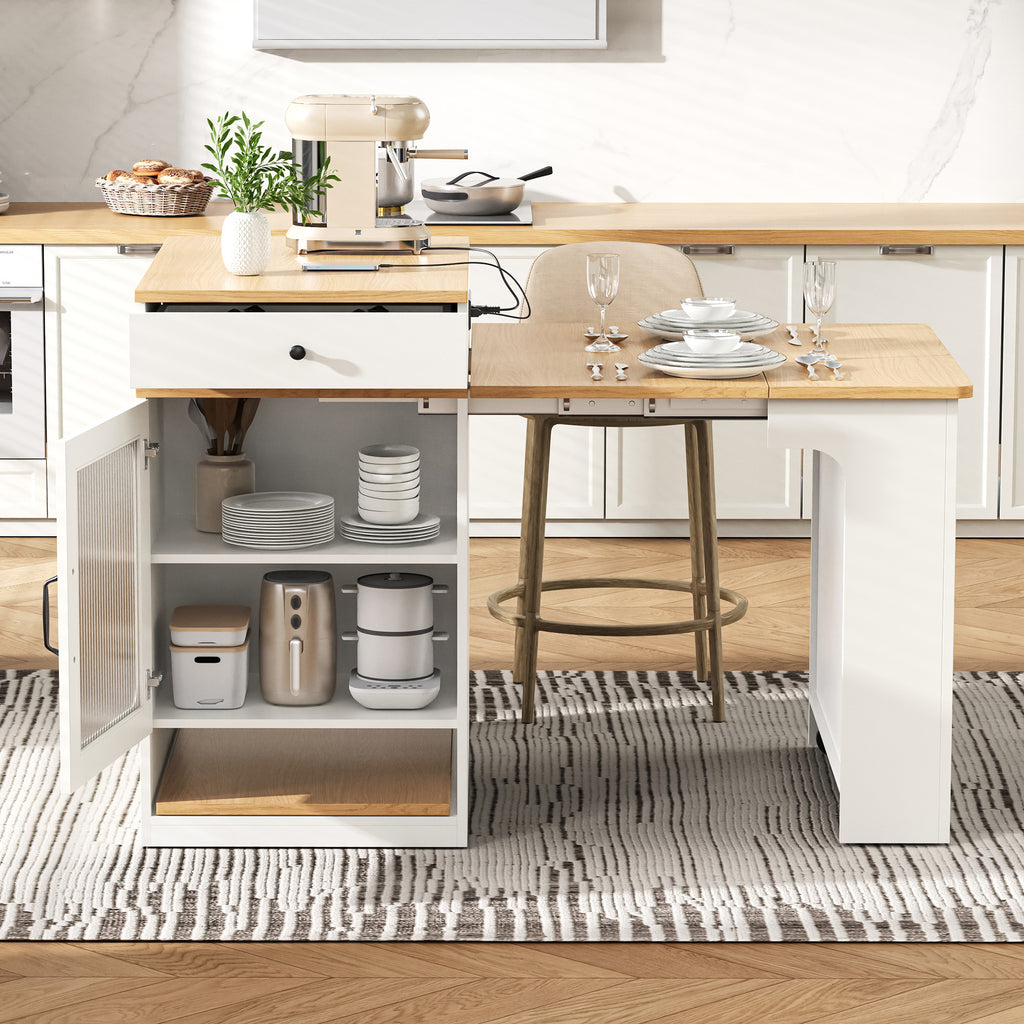K&K 59.5' Kitchen Island with Extendable Dining Table, Kitchen Storage Table with Double-sided Storage, Kitchen Island with 2 Drawers, Power Outlet, Side Open Shelves, for Kitchen, Dining Room, White - Grand Goldman Shop