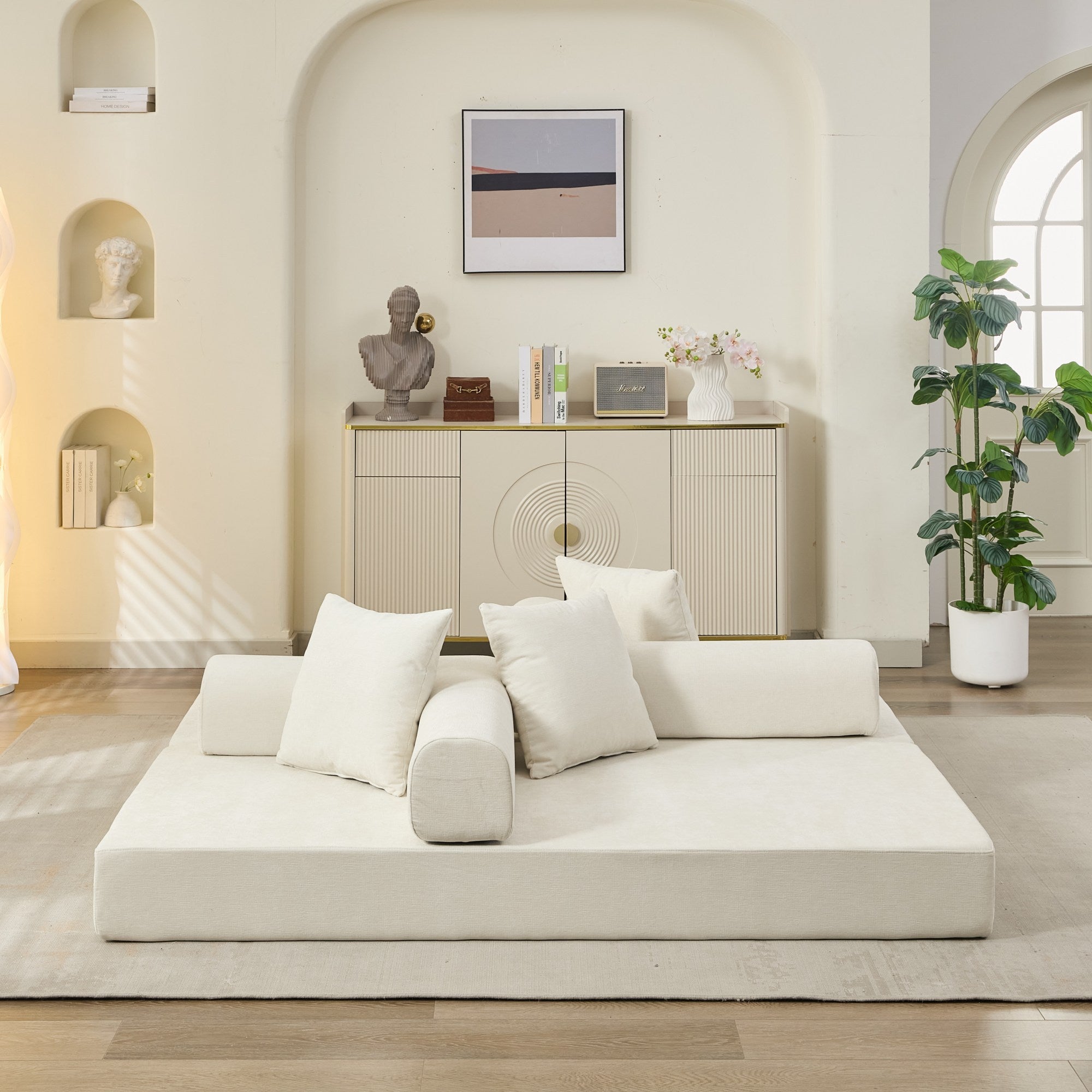Comfy Convertible Folding Mattress Couch, Floor Sofa Bed, Chenille Floor Sofa with Armrest, Floor Sofa Lounge Couch for Living Room Bedroom Lounge Studio-Beige - Grand Goldman Shop