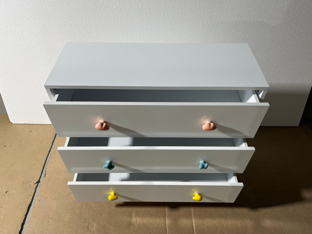 Kids 3 Drawer Dresser, White Nursery Storage Cabinet with Anti-Tip Safety Feature, Solid Wood and MDF Construction, Compact D