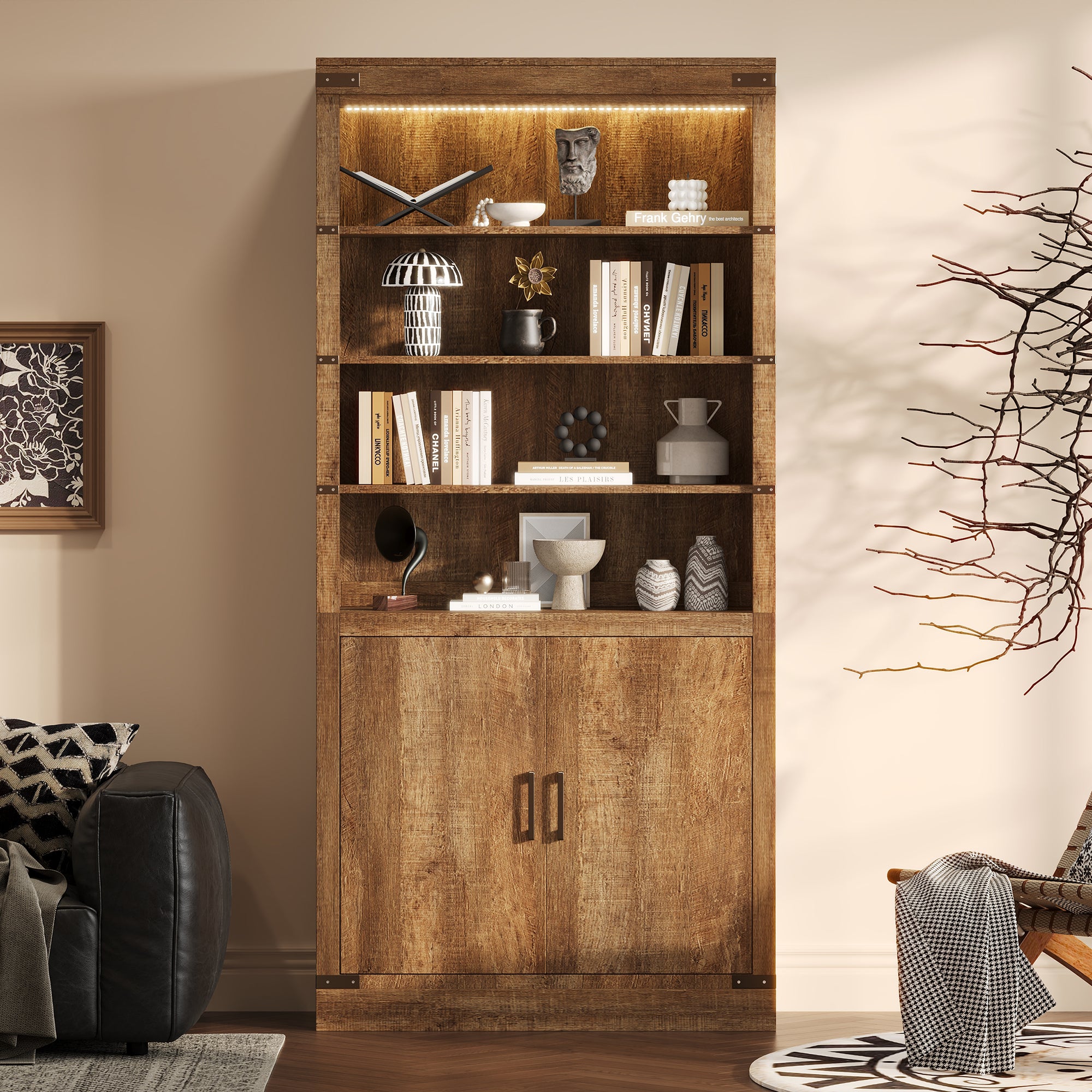 83.4'Tall Modern Bookshelf with Doors, Farmhouse Bookcase with 3-Tier Adjustable Shelves, Display Shelves with LED Light,Larg
