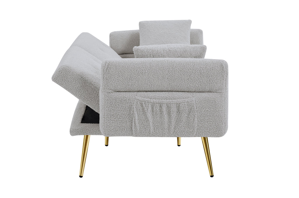 Modern Teddy Upholstered Accent Loveseat Sofa With Side Pocket,Folding Sleeper Sofa Bed With Foldable Armrest , Adjustable Backrest and Golden Metal Legs for Living Room,Grey - Grand Goldman Shop