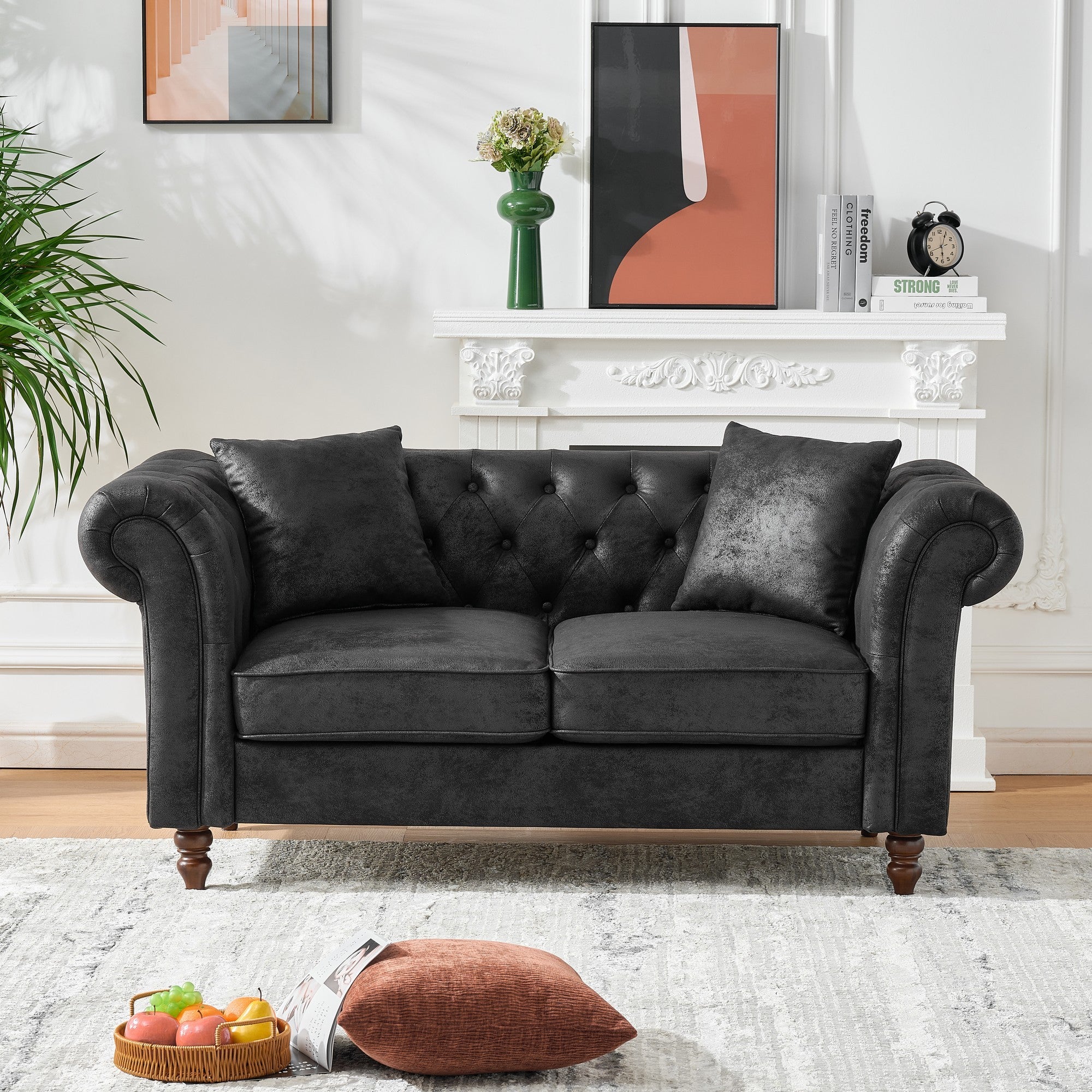 Chesterfield Faux Leather Sofa, High-tech Fabric Roll Armrest, Black, 66' - Grand Goldman Shop