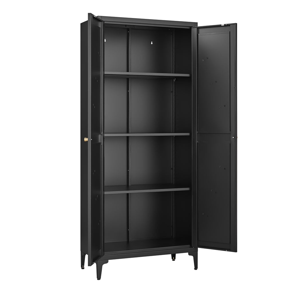 Black Metal Adjustable 2-Door Kitchen Pantry Cabinet with Striped Design and Gold Handles, Tall Steel Storage Locker for Kitc